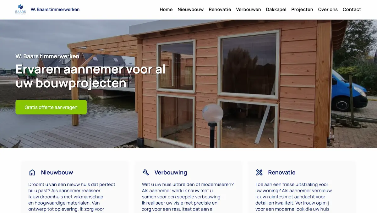 Screenshot van de website van W. Baars Timmerwerken